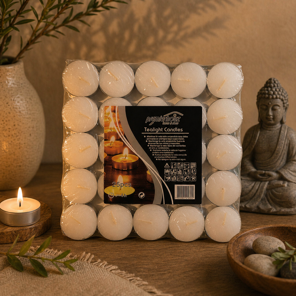 Pack 25 Velas Tealight – Iluminación Cálida y Duradera