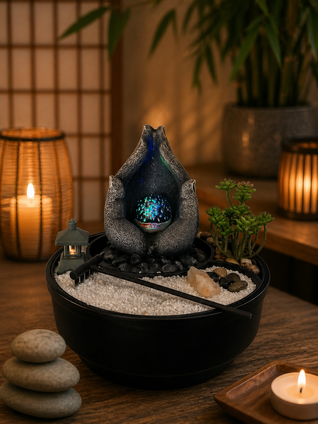 Fuente de Agua con Jardín Zen – Relajación y Decoración Espiritual